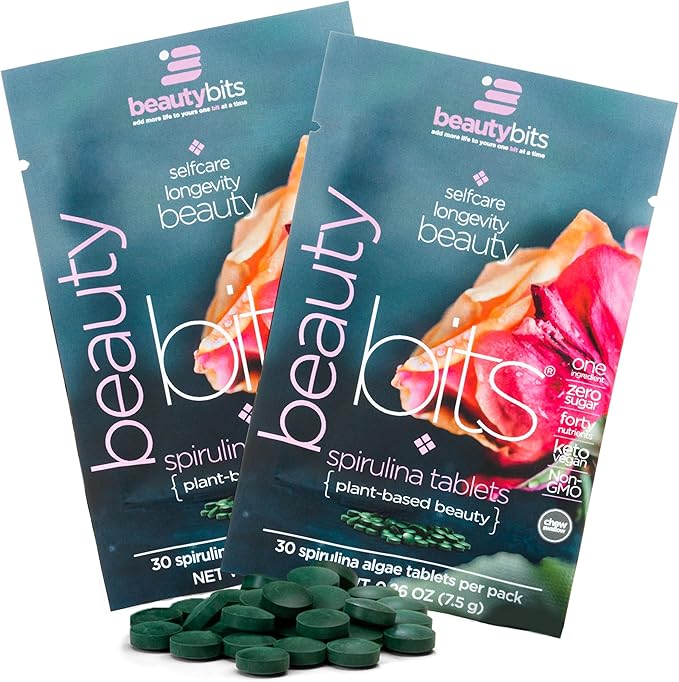 BEAUTYbits - Organic Spirulina Tablets - Algae Superfood - Collagen, Protein, Chlorophyll - Hair, Nails, & Skin Care - Vegan, Keto, Gluten Free - Self Care - Skincare Beauty Gifts - 2 Bags, 60 Tablets