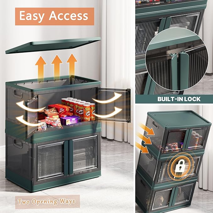 19Gal Collapsible Storage Bins with Lids & Wheels - 2 Pack Stackable with Doors, Heavy-Duty Plastic Containers for Home/Office, Green