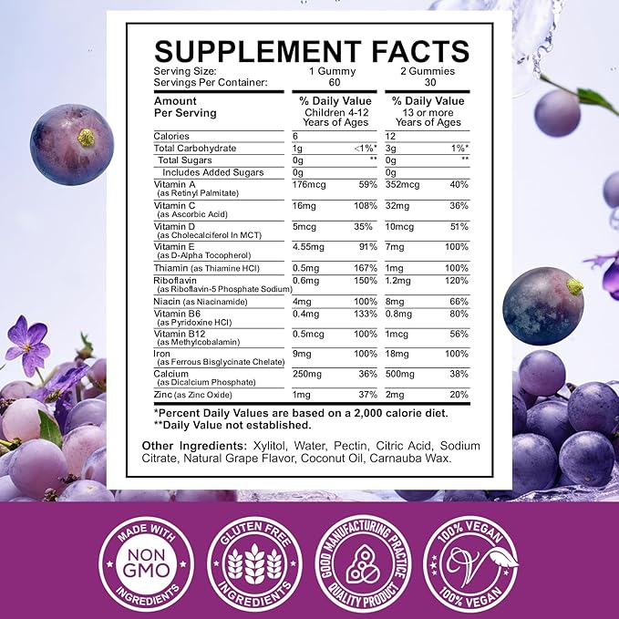 Iron Supplement Gummies for Kids - with Calcium, Zinc, Kids Multivitamin with Iron Gummies - Immune Support, Blood Builder & Energy Support for Iron Deficiency, Anemia, Vegan - 60 Gummies Grape Flavor
