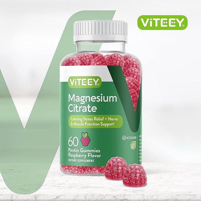 Magnesium Citrate Gummies for Adults & Teens - 66mg, Supports Calm Mood, Optimal Relaxation, Muscle Function - Vegetarian, Gelatin Free, GMO Free - Tasty Chewable Raspberry Flavored Gummy