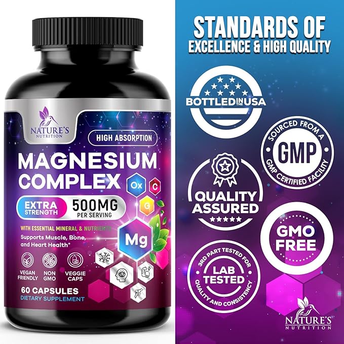 Magnesium Complex Supplement 500 mg - 5 in 1 High Absorption Chelated Magnesium Glycinate, Malate, Citrate, Oxide, Aquamin - Non-GMO Magnesio Capsules, Bone Muscle & Heart Health Support, 60 Capsules
