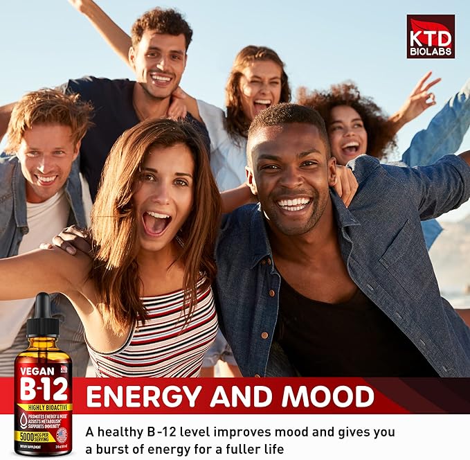 B12 Sublingual 5000 mcg Drops - Made in USA - Vegan B12 Vitamins for Energy, Mood & Memory - Highly Bioavailable Sublingual Drops - Methylcobalamin for Women & Men - 2 fl. oz.