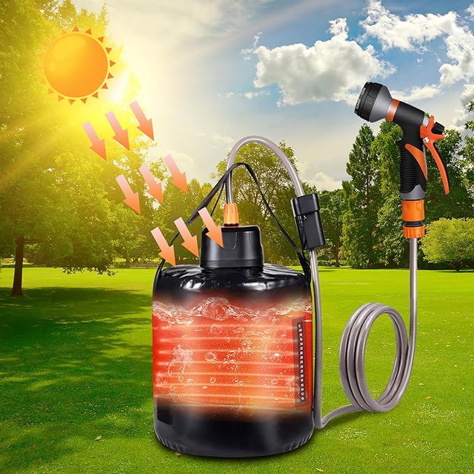 5 gallon/20L Water Bag,Portable Outdoor Camping Shower,Sun Heating,Electric Shower,8 Spray Modes,with Built-in Thermometer,Suitable for Hiking/Backpacking,Camping,Travel,Beach,Pets,Flowers