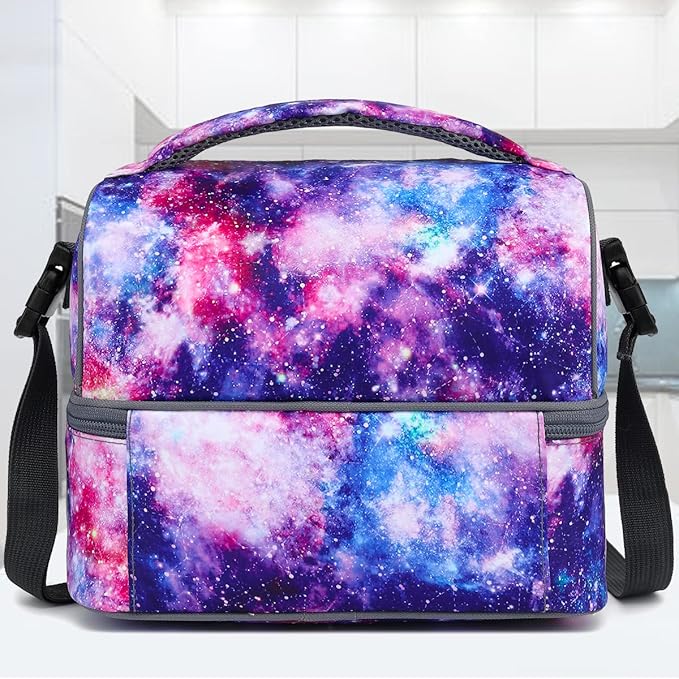 FlowFly Double Decker Cooler Insulated Lunch Bag Large Tote for Boys, Girls, Men, Women, With Adjustable Strap,Galaxy