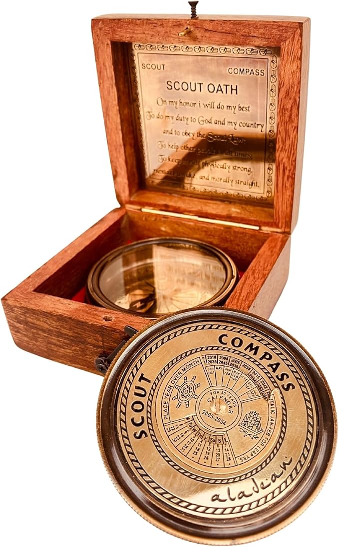 Scout Compass Gift Boys - Engraved Scout Oath Compass in wood Box Scout Always Prepared Camping Orienteering Compass, Hiking Backpacking Compass gift, 50 year calander