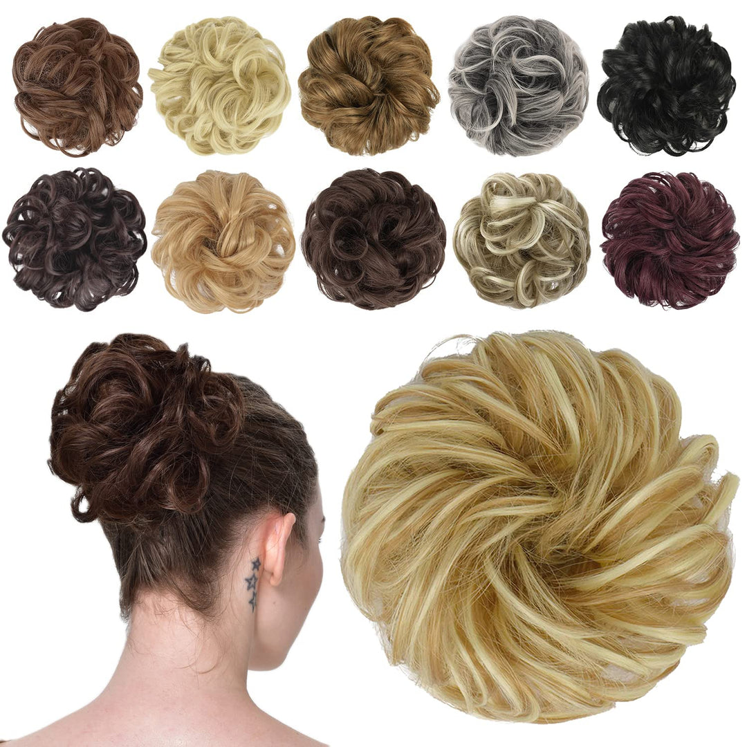 FESHFEN Messy Bun Hair Piece - Elastic Wavy Curly Hair Bun Scrunchies Extensions Synthetic Chignon Hairpieces for Women Girls, Lightest Ash Brown & Bleach Blonde 1 PCS