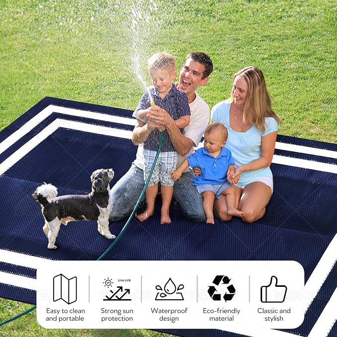 8'x 10' Outdoor Rug,Waterproof Reversible Patio Rugs,8x10 ft Plastic Straw Outdoor Carpet Foldable Plastic Camping Mat for Outside RV, Patio,Picnic,Camper,Balcony,Porch(Navy Blue &White)