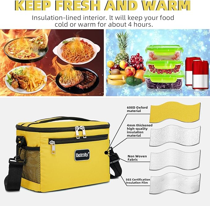 BEIMILY Lunch Box for Men/Women,Small Insulated Lunch Bag Tote,Small Lunch Bag for Work,Adult Lunch Box,Reusable Leakproof Soft Cooler Bag with Adjustable Shoulder Strap (Yellow)