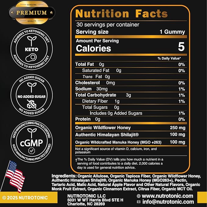 NutroTonic® Organic SHILAJIT Gummies | Apple Cinnamon Flavor | No Added Sugar, Sweetened by Manuka Honey | Clean Formula | Natual Source of Urolithin | Heart, Brain, Cellular Health | 30 Gummies