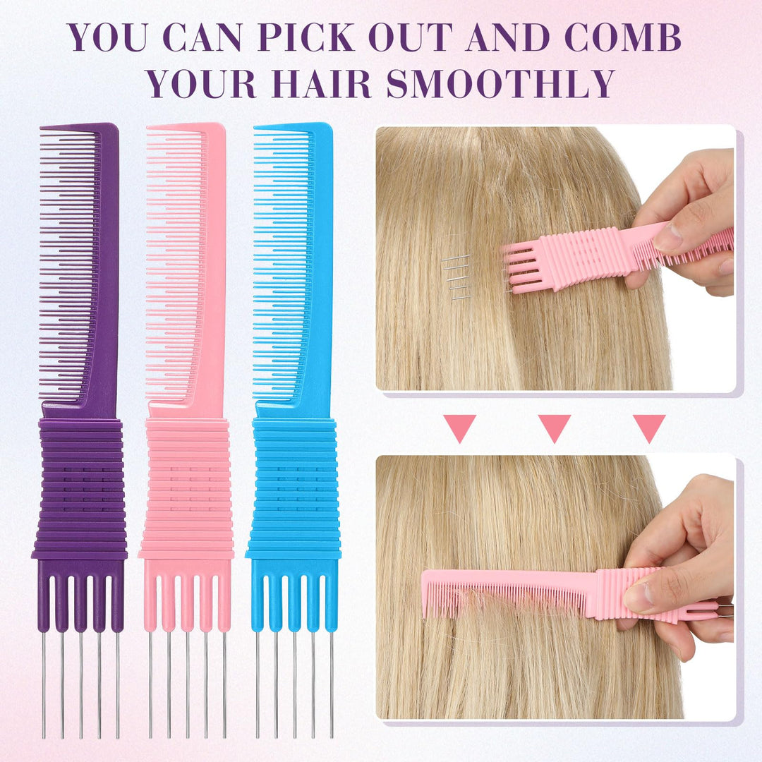 Leinuosen 3 Pack Carbon Lift Teasing Combs with Metal Prong, Hair Pick Comb for Women Hair Styling(Blue, Pink, Purple)
