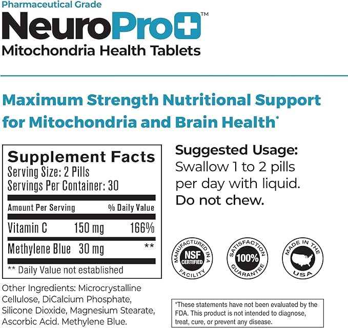 Best 365 Labs NeuroPro+ Maximum Strength Mitochondria Health Tablets - Methylene Blue and Vitamin C - Fast Acting Neuro Support - Improve Focus and Memory - 60 Tablets