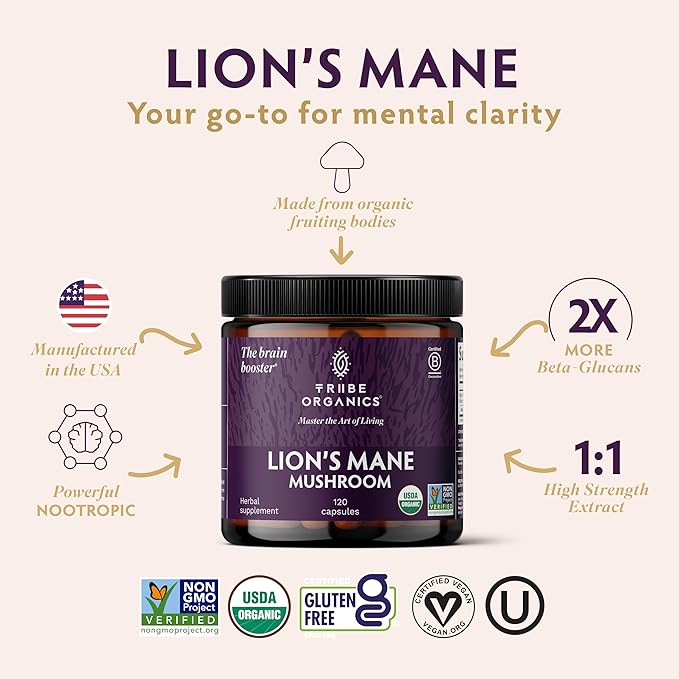 TRIBE ORGANICS Lion’s Mane Supplement 1800mg Mushroom Extract Powder - Immune System Booster & Brain Nootropic for Focus and Memory | Mental Clarity | Natural Energy and Immunity - 120 Vegan Capsules