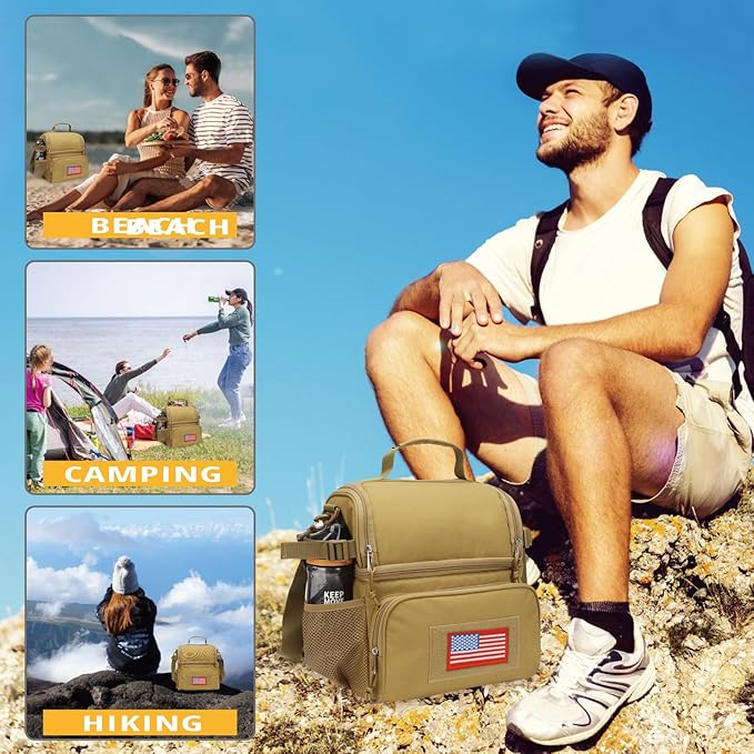 ATRIPACK 2 Compartment Lunch Bag for Men Adult, Tactical Lunch Box Leakproof Insulated Large Cooler Bag for Work with Adjustable Shoulder Strap Flag Double Layer Lunch Pail（Brown）