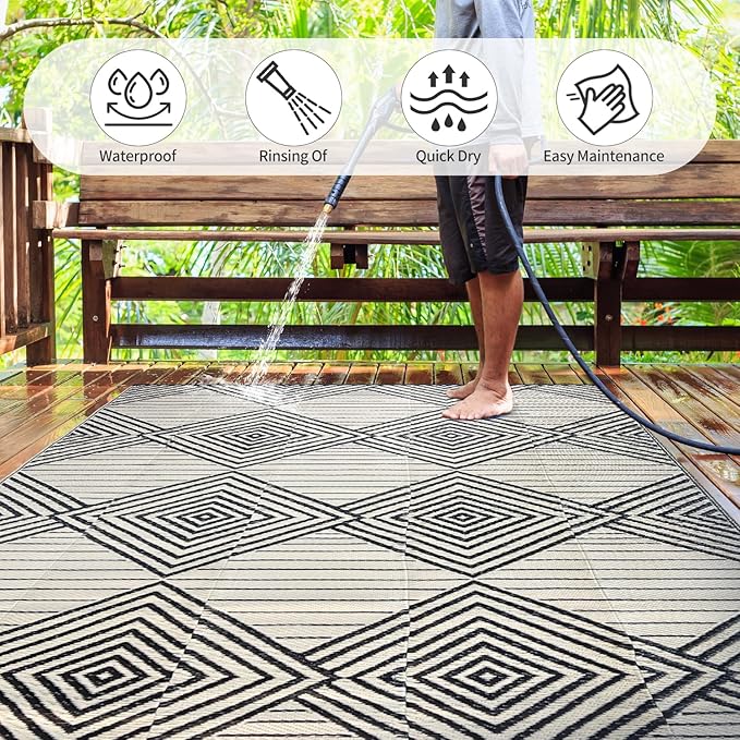 Waterproof Outdoor Rug 6x9ft, Foldable Reversible Plastic Straw Mat for Patio RV Deck Porch Backyard Balcony Camping Picnic Beach Indoor Outdoor Carpet, Black&Beige