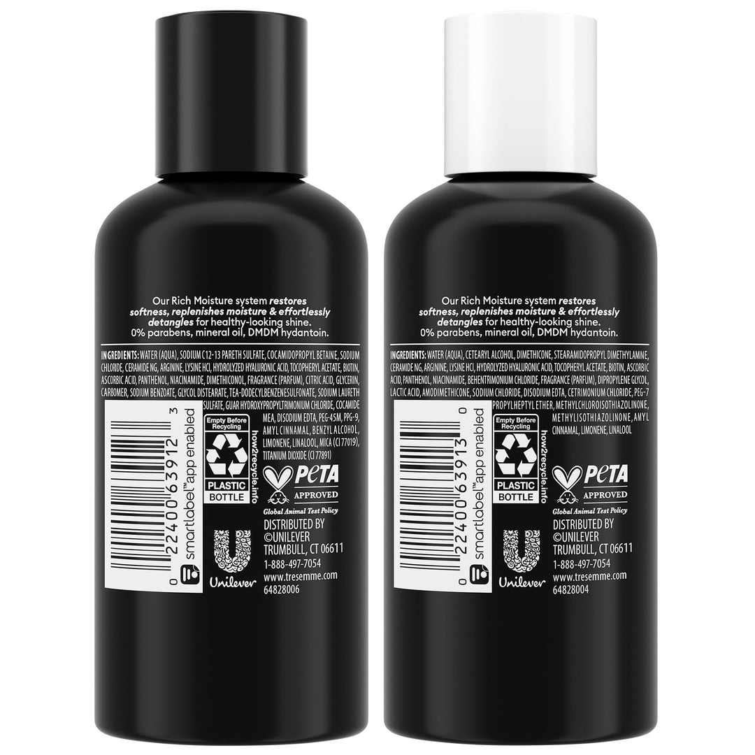 TRESemmé Travel Shampoo & Conditioner, Rich Moisture – Moisturizing Hair Care with Hyaluronic Acid, Paraben-Free, 3 Oz Ea