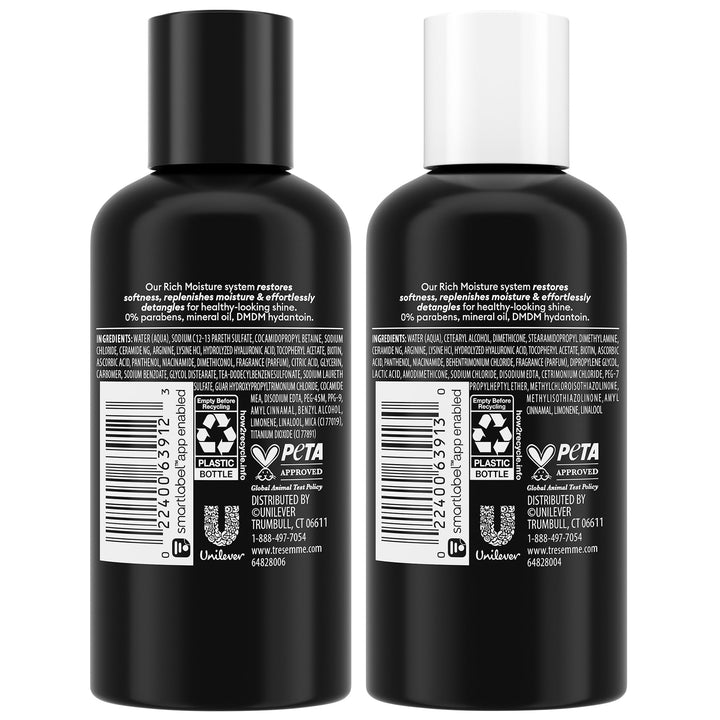 TRESemmé Travel Shampoo & Conditioner, Rich Moisture – Moisturizing Hair Care with Hyaluronic Acid, Paraben-Free, 3 Oz Ea