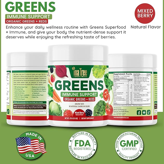 Greens Immune Support, Berry Superfood Blend Organic Vegan Greens + Reds Amazing Taste Mixed Berry Natural Flavor 270g (9.5 Oz) Detox, Gluten Free, Dietary Supplement