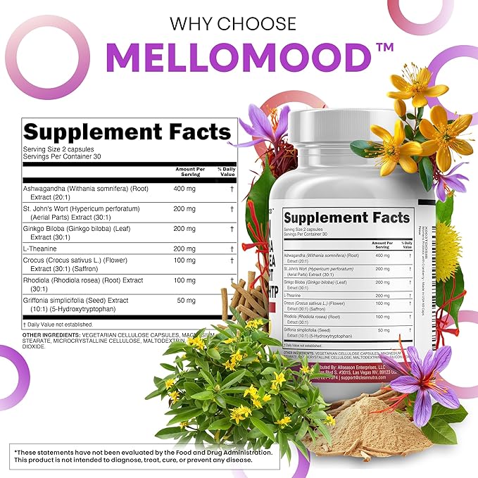 Clean Nutraceuticals Saffron Supplements with Ashwagandha - Mood Support with L-Theanine, Ginkgo Biloba, St. John's Wort, Rhodiola Rosea & 5-HTP - Saffron Pills