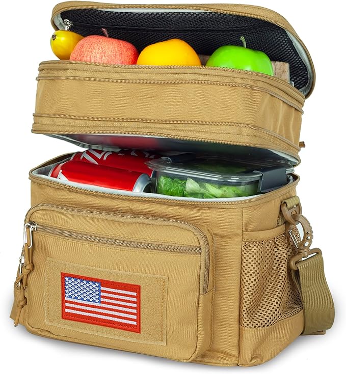 ATRIPACK Lunch Bag for Men, Double Deck Tactical Lunch Box Work with Shoulder Strap MOLLE Webbing Large Lunch Cooler Leakproof Insulated （Brown）