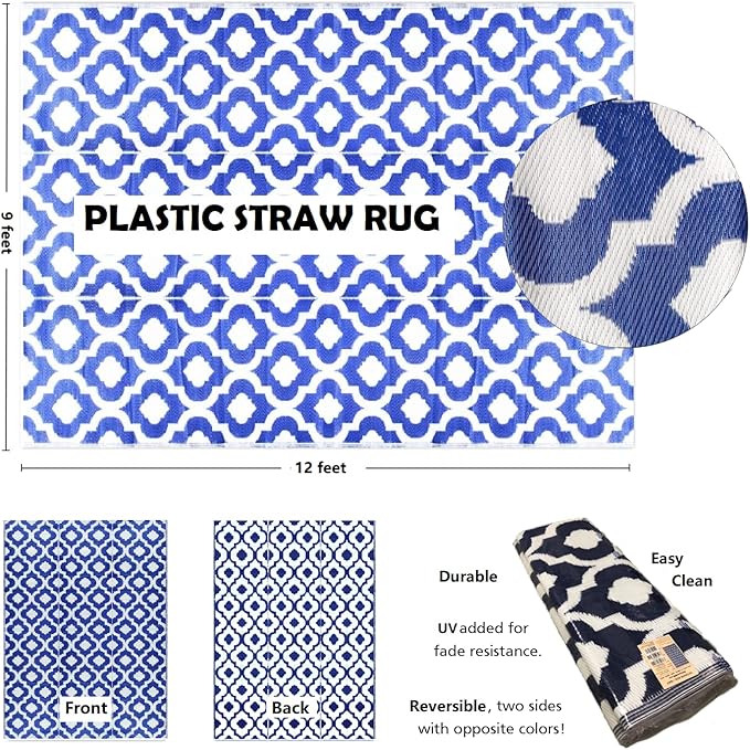 BalajeesUSA Outdoor Rug - 9x12 Blue, reversible Recycled Plastic straw Outdoor Patio Rugs Clearance Waterproof Large RV Camper Rug 484