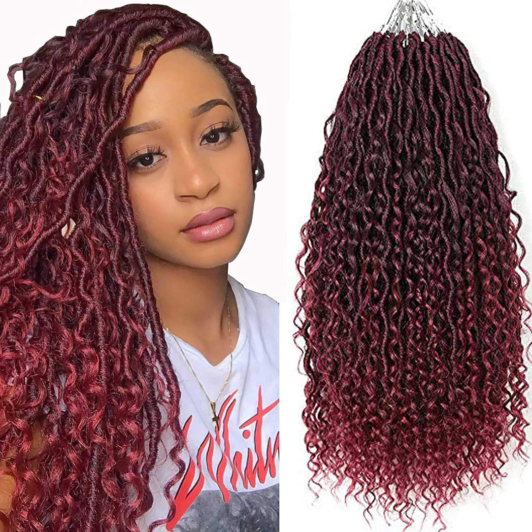 Ombre Burgundy Red Faux Locs Crochet Hair With Curly Ends,18 Inch 7 Packs New Goddess Locs Crochet For Women Human Hair,Soft Pre