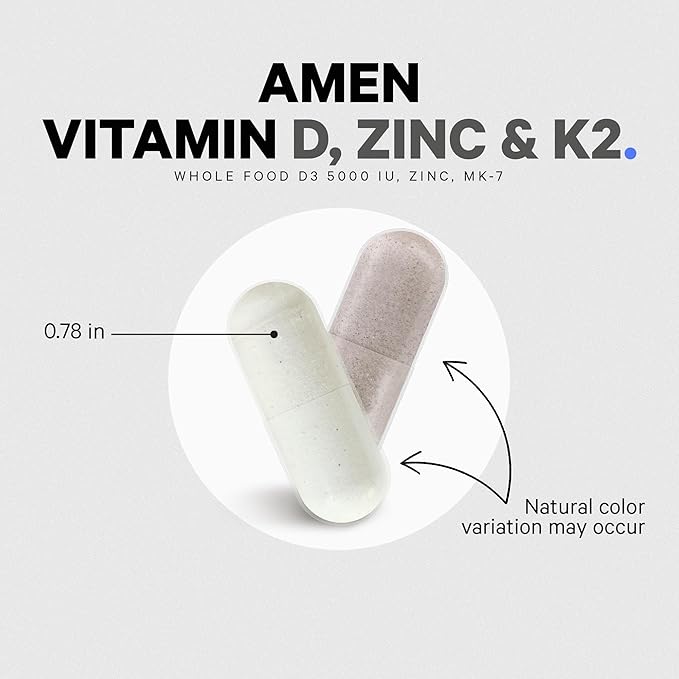 Amen Vitamin D, K2 & Zinc, Cholecalciferol D3 5000 IU, Organic Whole Food Blend with Apple, Blueberry, Cranberry, Elderberry Powder Fruits, Vegan Supplement, D3 K2 Vitamins, Non-GMO - 60 Capsules