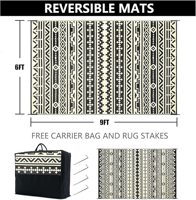 Outdoor Plastic Straw Rug, Waterproof Outdoor Rugs for Patios Clearance, Reversible Area Rug, Large Outside Carpet for Camping, Balcony, RV, Deck, Picnic, Beach 6x9ft Geometric Boho Black&Brown