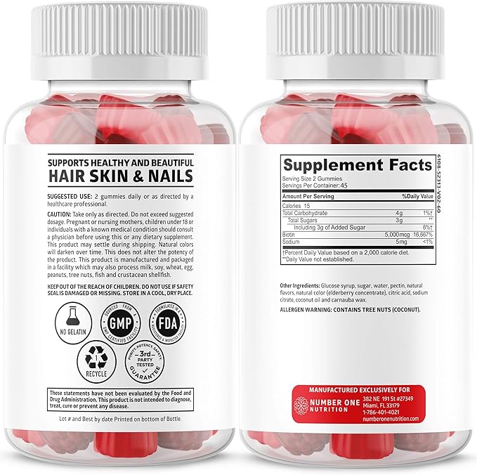 Number One Nutrition N1N Premium Biotin Gummies 5000mcg [High Potency, 90 Gummies] for Healthy Hair, Skin and Nails for Adults and Kids, Vegan, Non-GMO, Pectin Based