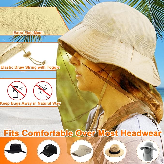 Benvo Mosquito Head Net Mesh, Face Neck Fly Netting Hood from Bugs Gnats Noseeums Screen Net for Any Outdoor Lover- with Carry Bags Fits Most Sizes of Hats Caps (2pcs, Khaki, Updated Big Net)