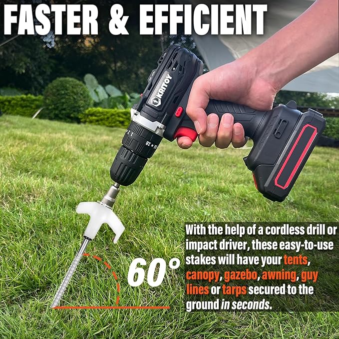 12 Pack Tent Stakes Heavy Duty - 8" Ground Anchors Screw in - Camping Stakes with Grow in The Dark Heads - Metal Threaded Tent Spikes with Hex Head Driver and Storage Box