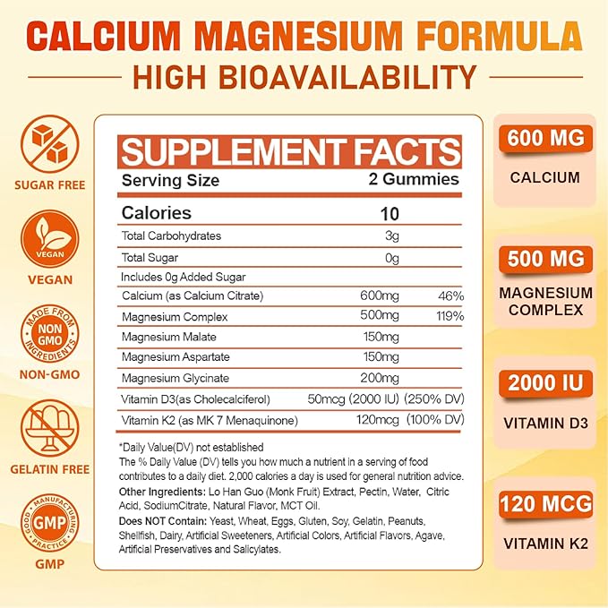 Calcium Magnesium Supplement Gummies for Adults: Calcium Citrate 600 mg with Vitamin D3 & K2 for Women Men - Supports B0ne Strength, Better Zzz, Muscles, Energy & Immune (120 Count)