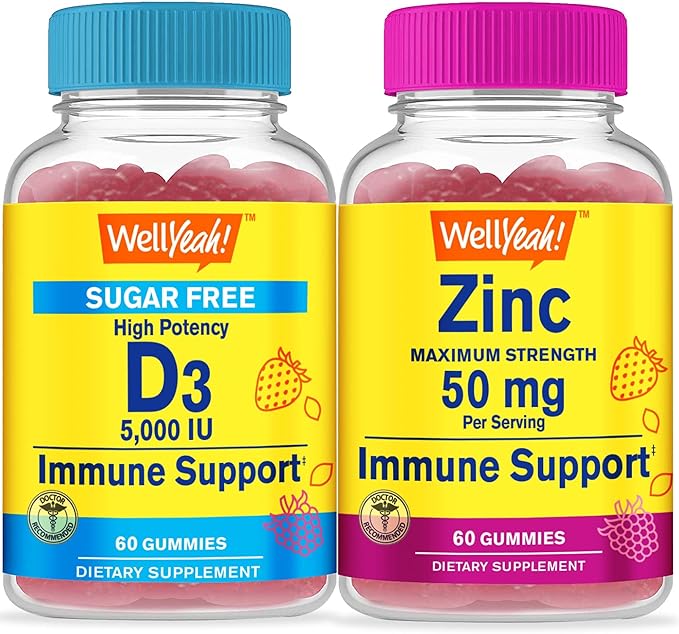 Vitamin D3 5,000 IU Sugar Free + Zinc, Gummies Bundle - Great Tasting, Vitamin Supplement, Gluten Free, GMO Free, Chewable Gummy