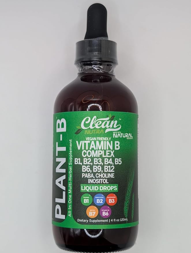 Vitamin B Complex Liquid Drops | Thiamine B1, B6, B2, B3, B4, B5, B7 B9, B12, Niacinamide, Paba, Choline Inositol Taurine Probiotics Beet Root Spirulina - Plant-B Vitamin Supplements by Clean Nutra