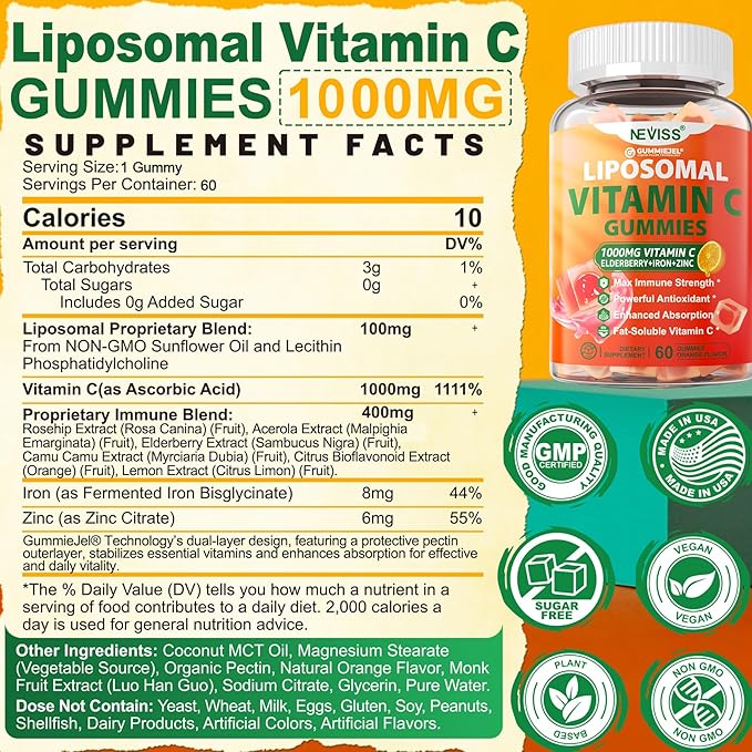 NEVISS 1Pack Liposomal Vitamin C 1000mg Gummies + 1Pack Vitamin D3 5000iu Gummies