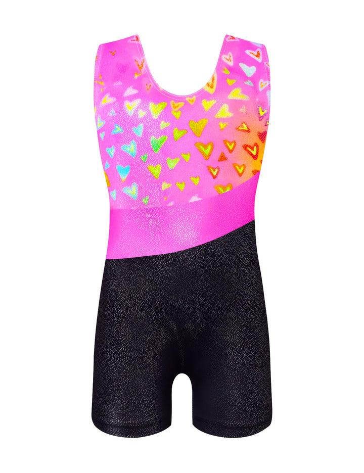Domusgo Leotard for Girls Gymnastics Size 6-7 Years Old Glitter Pink Black Heart Biketards with Shorts