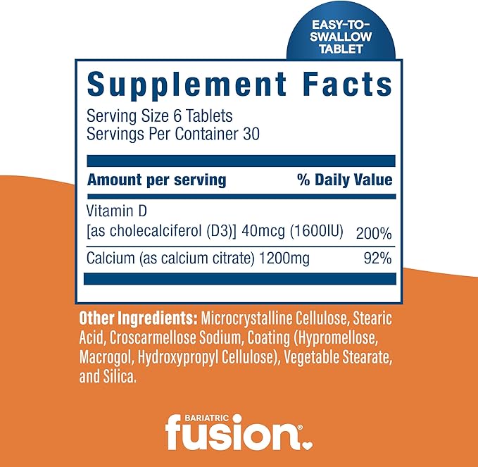Bariatric Fusion Non Chewable Calcium Citrate with Vitamin D3 Tablet | Easy to Swallow Calcium Supplement with Vitamin D to Increase Absorption* | Bariatric Calcium Citrate 600mg | 180 Tablets