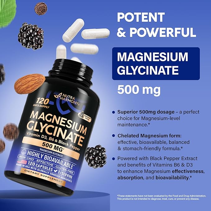 Magnesium Glycinate 500 mg - Chelated Supplement - 98% High Absorption - Support for Sleep, Muscle & Heart Health - Made in USA, Lab Tested & Non-GMO - 120 Capsules