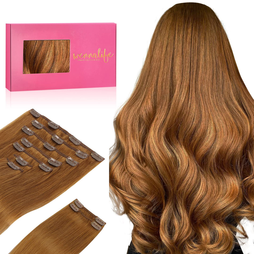 Wennalife Clip In Hair Extensions Real Human Hair, 22 Inch 150G 9Pcs Human Hair Extensions Clip In, Auburn Ginger Hair Extension
