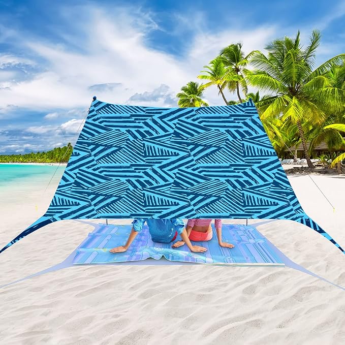 Beach Tent Pop Up Sun Shade Canopy Sun Shelter UPF50+ with 4 Stability Poles/Carry Bag/Ground Pegs/Sand Shovel/Windproof Ropes Portable Outdoor Family Sunshade for Beach Camping Fishing Picnic