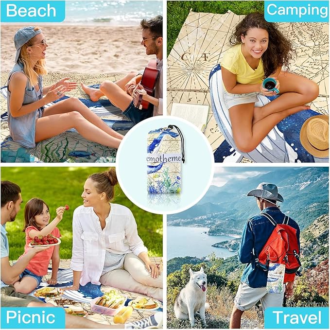 Beach Blanket, Sandproof Beach Mat 79" X 82" for 4-7 Adults, Large Waterproof Beach Blanket Quick Drying Lightweight Beach Blanket with 4 Stakes for Travel Camping Hiking(Whale)