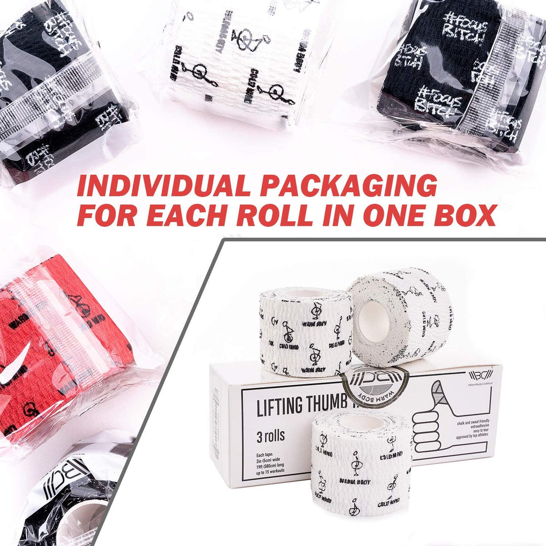 WARM BODY COLD MIND 2" Premium Lifting Thumb Tape for Weightlifting - Hook Grip for Powerlifting, Strength/Cross Training, Deadlift, Weight Lifting, Athletic Finger Wrap (White 6 Rolls)