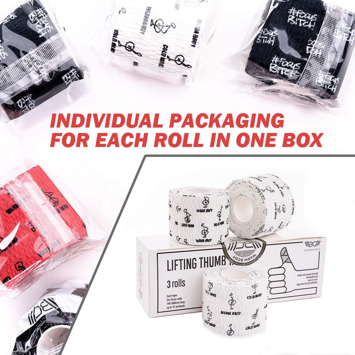 WARM BODY COLD MIND 2" Premium Lifting Thumb Tape for Weightlifting - Hook Grip for Powerlifting, Strength/Cross Training, Deadlift, Weight Lifting, Athletic Finger Wrap (White 6 Rolls)