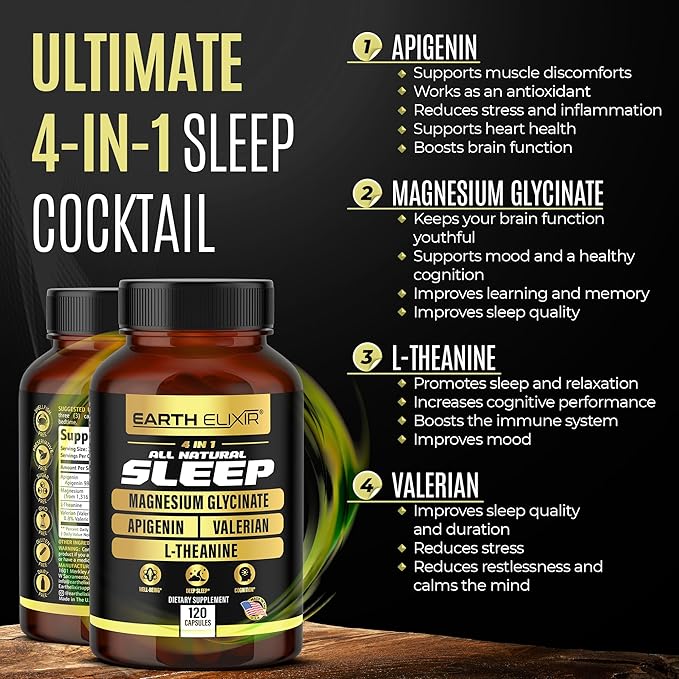 4-in-1 Sleep Aid (120 Caps) w/Apigenin 50mg, Magnesium Glycinate 200mg, L Theanine 200mg & Valerian Root for Sleep Aid 300mg | Apigenin Supplement for Sleep | Sleeping Pills