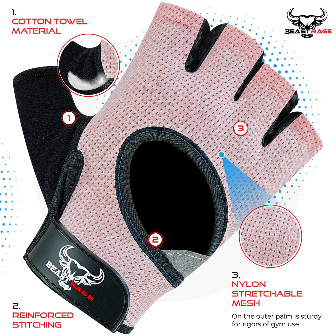 BEAST RAGE Workout Gloves for Men and Women, Fingerless Weight Lifting Gloves with Palm Protection Padding, Breathable and Lightweight Gym Gloves for Weightlifting, Cycling Pull Up (Pink, XS)