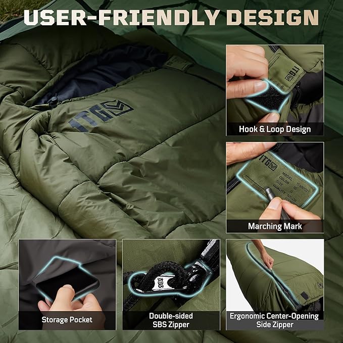 Mummy Sleeping Bag for Adults, Cold Weather Camping Sleeping Bags (25-36℉) with Adjustable Hood, Phone Pocket, Compression Sack for Warm Camping Hiking Outdoor
