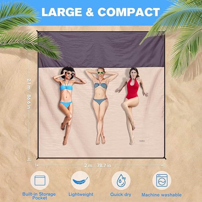 Beach Blanket Waterproof Sandproof Large Beach Mat 79" X 87", Quick Drying Durable Portable Lightweight Outdoor Nylon Picnic Blanket for Travel Camping Hiking, Champagne Gold