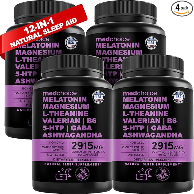 12-in-1 Melatonin Sleep Capsules - Natural Sleep Aids for Adults with Melatonin 5mg and Magnesium Glycinate 500mg, Sleep Aid with Ashwagandha, L Theanine, Valerian Root, GABA, 5-HTP (90ct, Pack of 4)