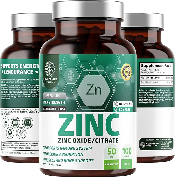N1N Premium Zinc 50mg [3X Absorption, Vegan] All Natural Zinc Oxide and Citrate Supplement for Immune Support, Skin Health and Better Digestion, 100 Tablets