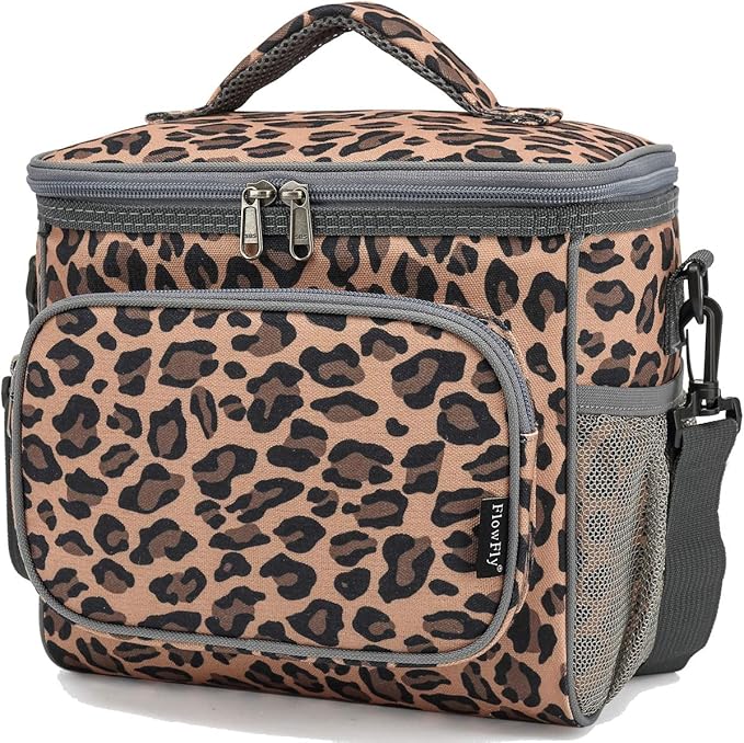 FlowFly Insulated Reusable Lunch Bag Adult Large Lunch Box for Women and Men with Adjustable Shoulder Strap,Front Zipper Pocket and Dual Large Mesh Side Pockets,Leopard
