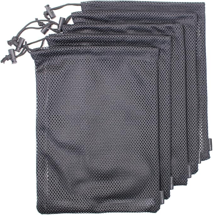 5 PCS Multi Purpose Nylon Mesh Drawstring Storage Ditty Bags for Travel & Outdoor Activity, Black, 11 x 8.8inch